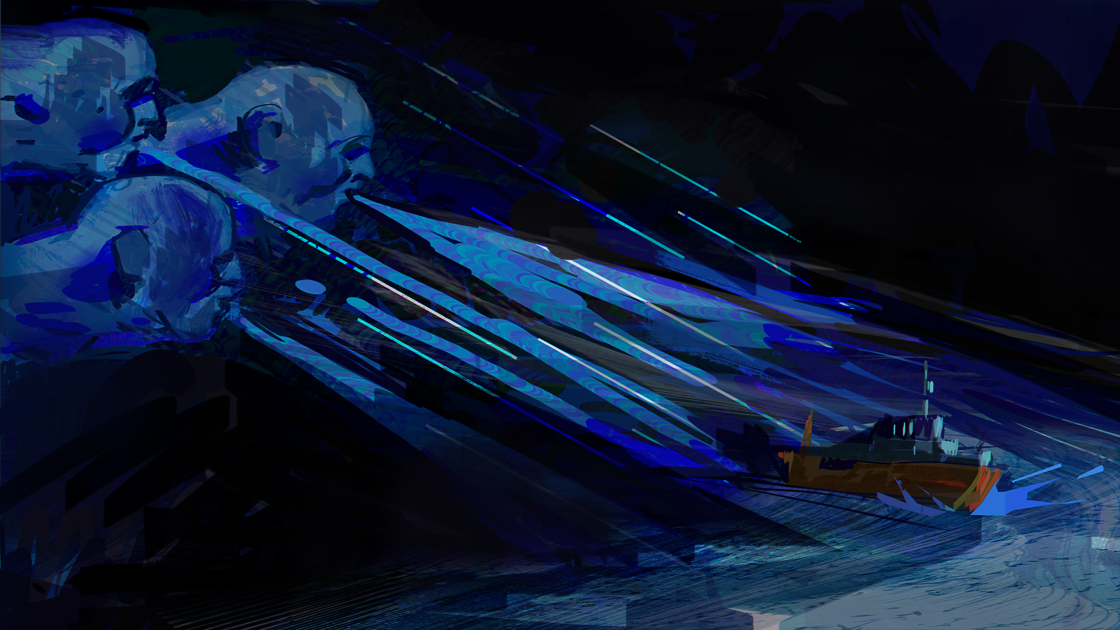 Winds blowing, ominous weather, personified storm, strong diagonal lines