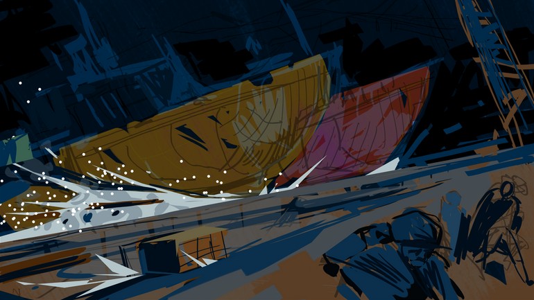 Panic, running away, cargo failing off ships, cargo scattered on dock, rain and spilled sea water