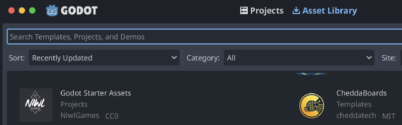 screenshot of the godot asset browser, with our work in it