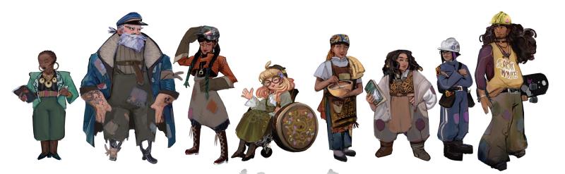 Concept art of the advisors. 8 people with very different looks and personalities stand next to each other) 