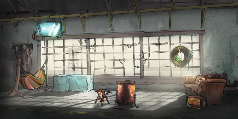 Concept art of the loft. An industrial but somehow cozy interior that serves as a rest and hanging spot for the yardies 