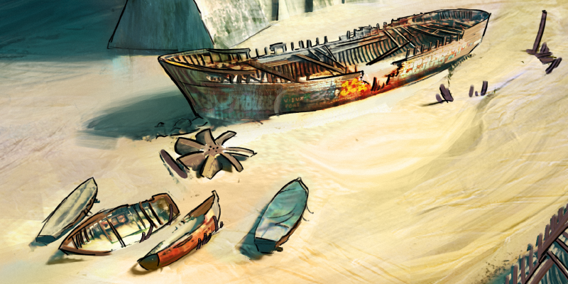 Concept art of the scrapyard. Old remains of boats and ships rest on the ocean shore ready to be recycled. 