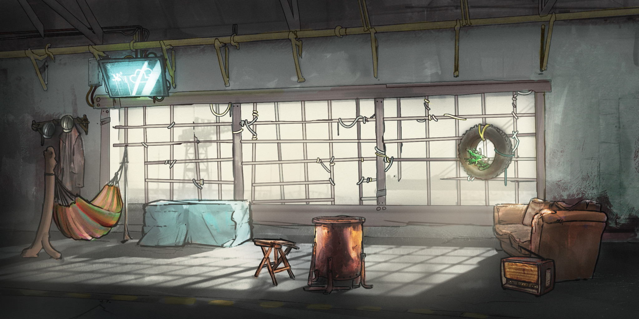 Loft concept art where characters hang out at the top of the hangar.